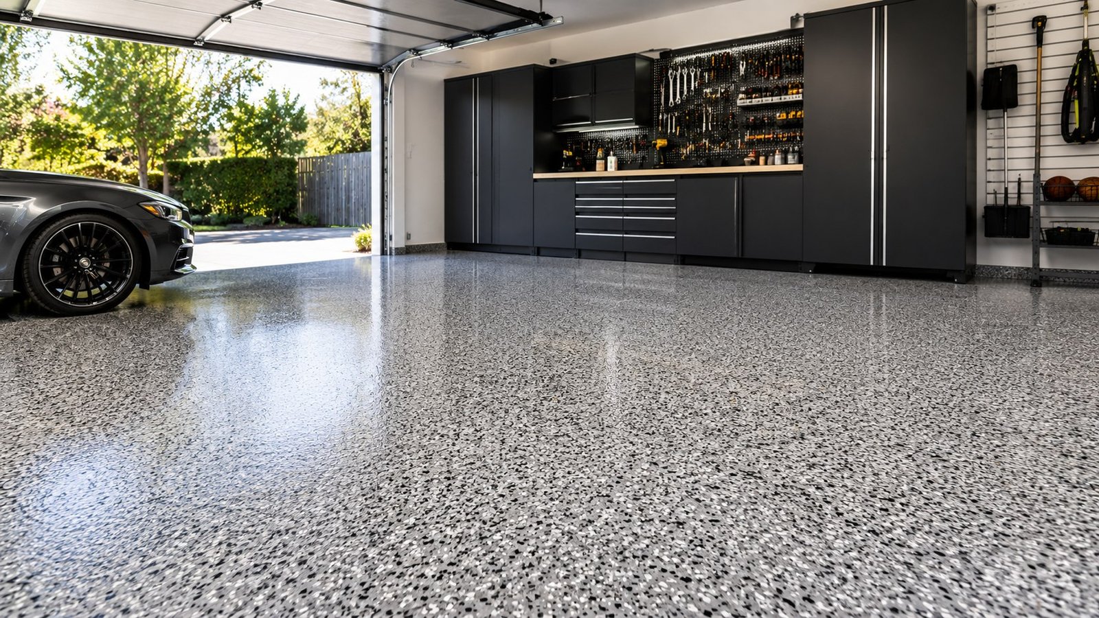 Grey and black epoxy flake floor through a double garage, with black cabinetry and a car parked at the open door