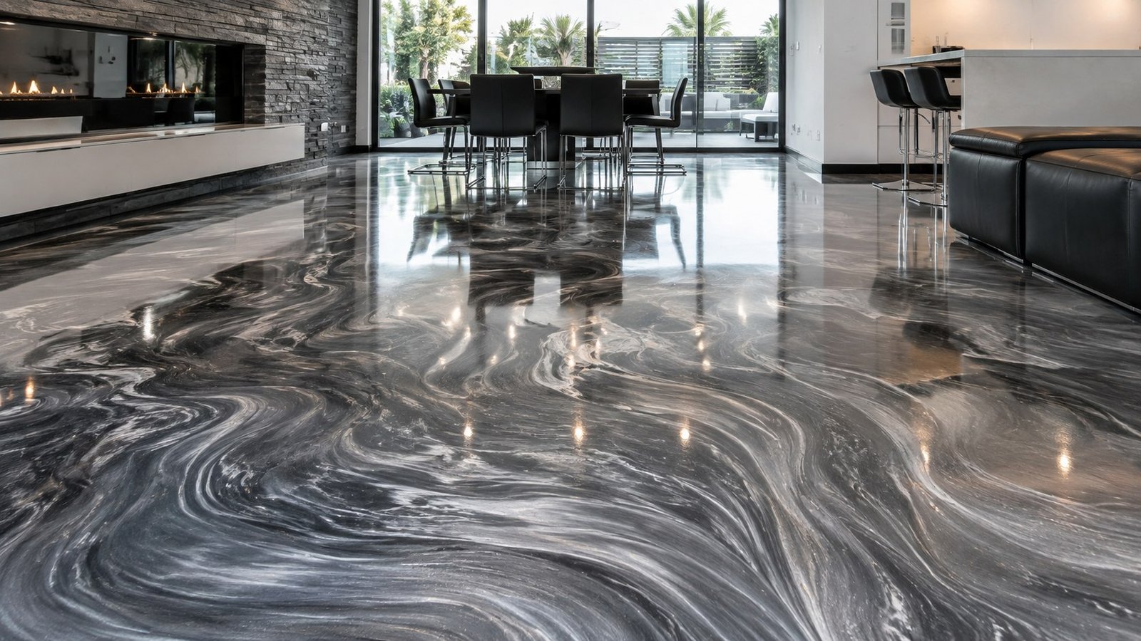Charcoal and silver metallic epoxy floor with deep swirled movement, reflecting a fireplace and dining setting