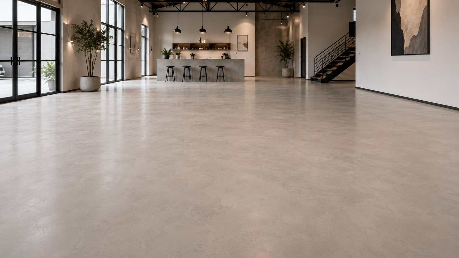 Seamless mid-grey micro cement floor running through an open-plan kitchen and living area