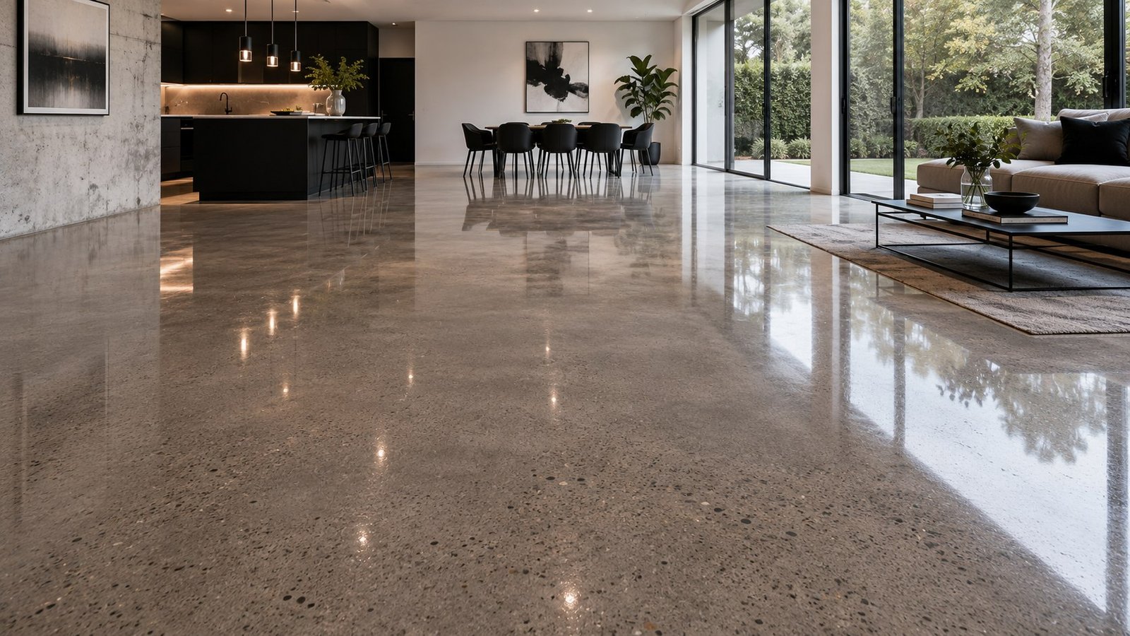 Polished concrete floor with exposed aggregate running through an open-plan living and dining room
